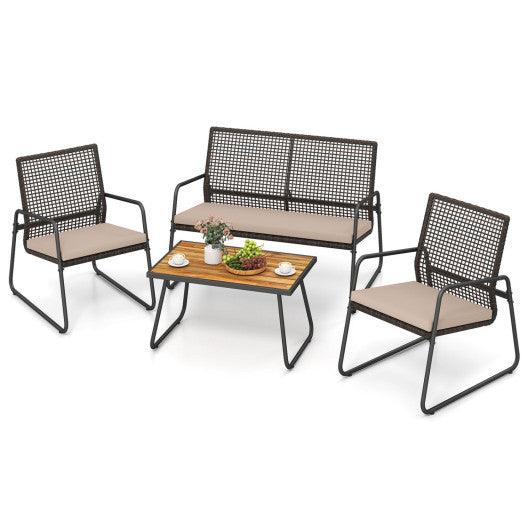4 Pieces Patio Furniture Set with Acacia Wood Coffee Table and Zippered Cushions-Mix Brown