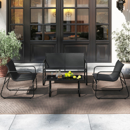 4 Pieces Patio Furniture Set Fabric Lawn Chairs and Loveseat with Glass Coffee Table