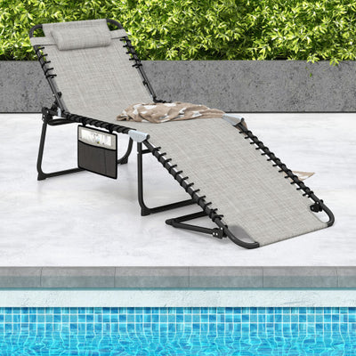 4 Position Folding Lounge Chaise with Adjustable Backrest and Footrest-Gray