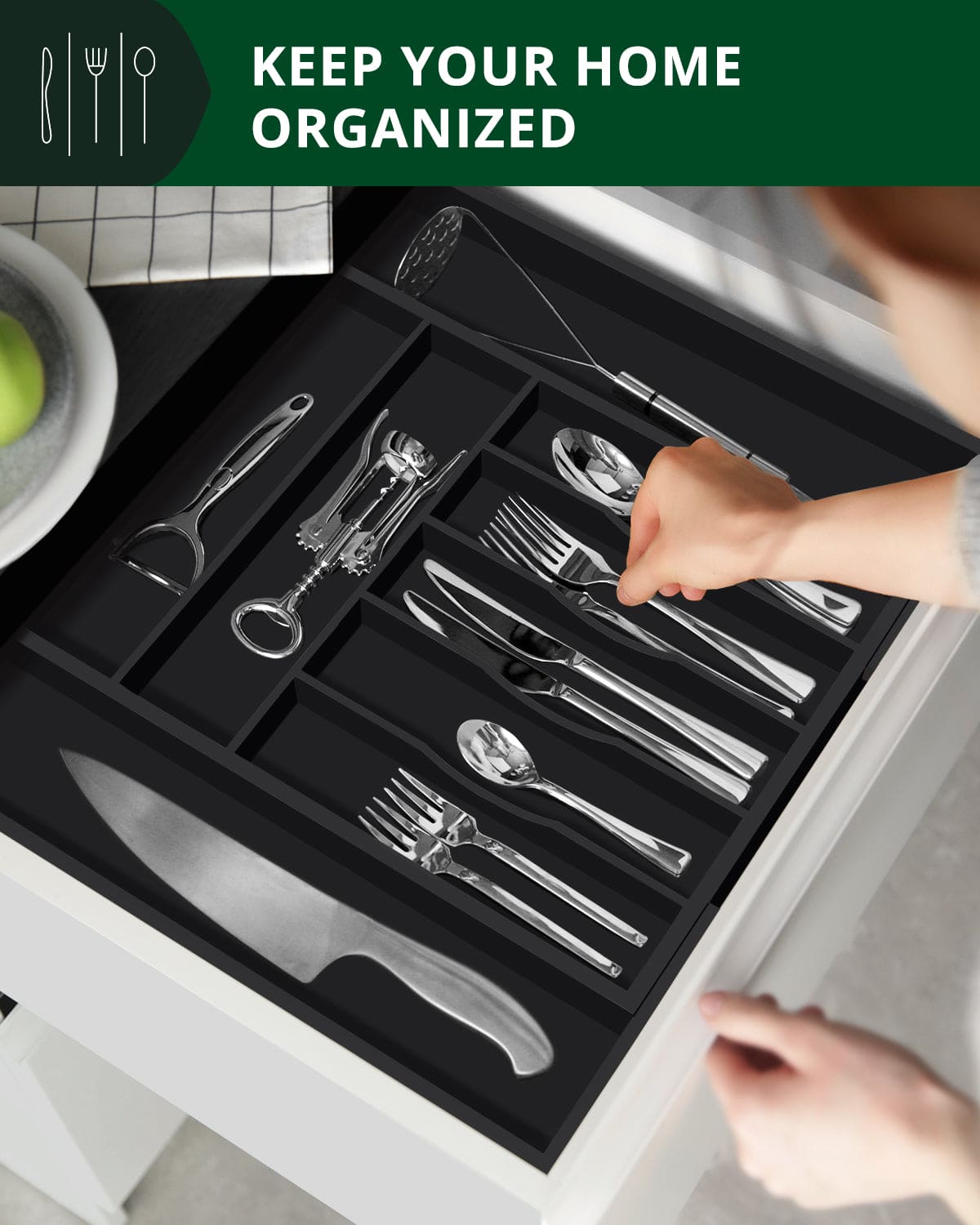 Silverware Drawer Organizer, Black (9 Slots)
