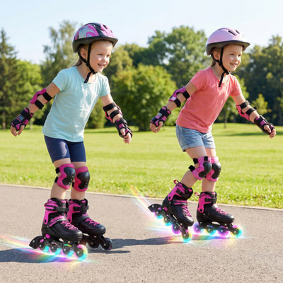 4-Size Adjustable Light-Up Inline Skates for Toddlers Ages 5-7-Pink