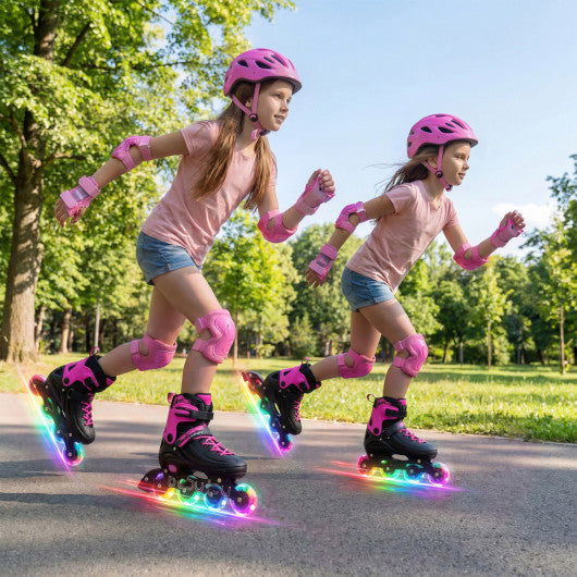 4-Size Adjustable Light-Up Kids Inline Skates for Kids Ages 7-9-Pink