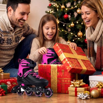4-Size Adjustable Light-Up Kids Inline Skates for Kids Ages 7-9-Pink