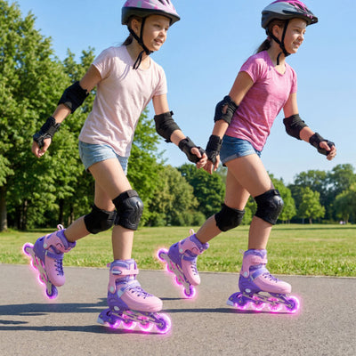 4-Size Adjustable Light-Up Kids Inline Skates for Kids Ages 9-14-Purple