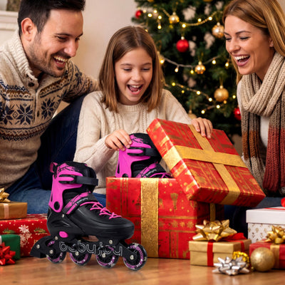 4-Size Adjustable Light-Up Kids Inline Skates for Kids Ages 9-14-Pink