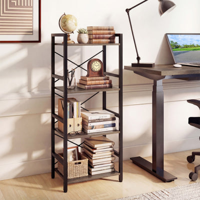 4-Tier Bookshelf Narrow Freestanding Display Shelf with Metal Frame-Oak