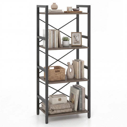 4-Tier Bookshelf Narrow Freestanding Display Shelf with Metal Frame-Oak