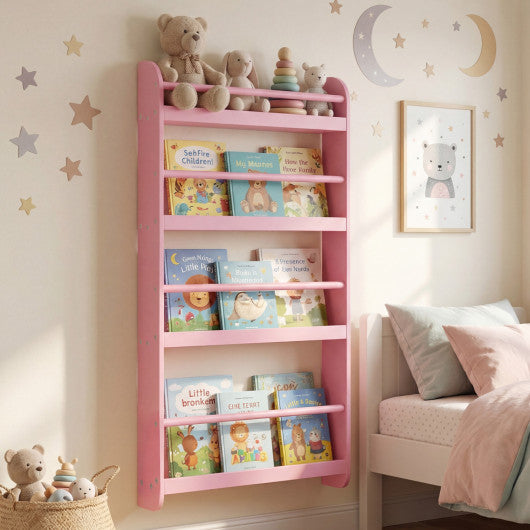 4-Tier Bookshelf Organizer for Toys and Books with Basswood Crossbar-Pink