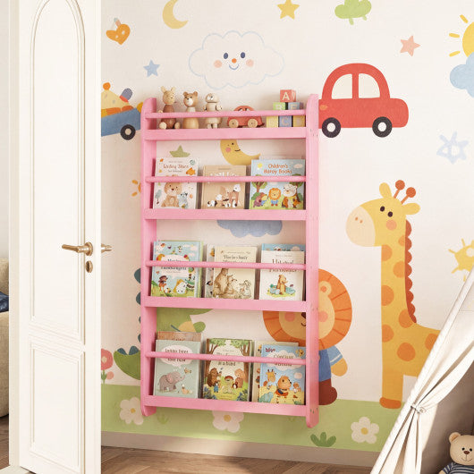 4-Tier Bookshelf Organizer for Toys and Books with Basswood Crossbar-Pink