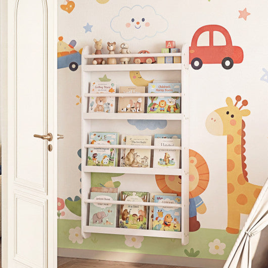4-Tier Bookshelf Organizer for Toys and Books with Basswood Crossbar-White