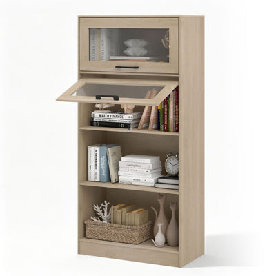 4-Tier Bookshelf with Storage Cabinets and Open Compartments-Natural