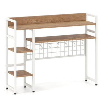 4-Tier Desk Shelf Desktop Display Rack with Metal Grid Panel and 6 Hooks-Natural