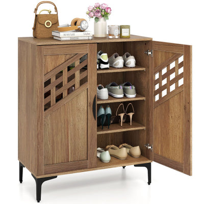 4 Tier Farmhouse Shoe Storage Cabinet with Removable Shelves and Metal Legs-Walnut