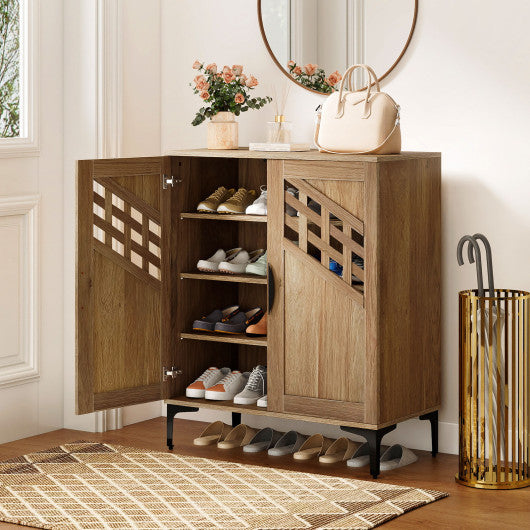 4 Tier Farmhouse Shoe Storage Cabinet with Removable Shelves and Metal Legs-Walnut