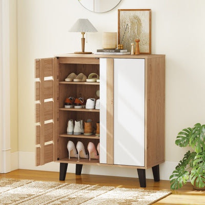 4-Tier Farmhouse Shoe Organizer with Louvered Door-Natural and White