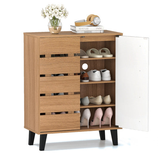 4-Tier Farmhouse Shoe Organizer with Louvered Door-Natural and White