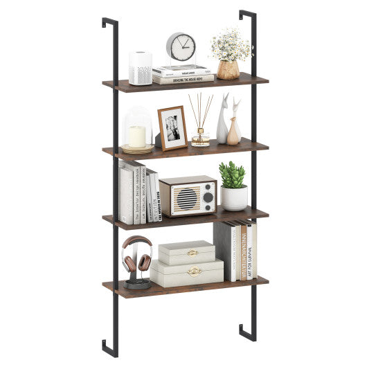 4-Tier Industrial Ladder Bookshelf with Metal Frame-Coffee