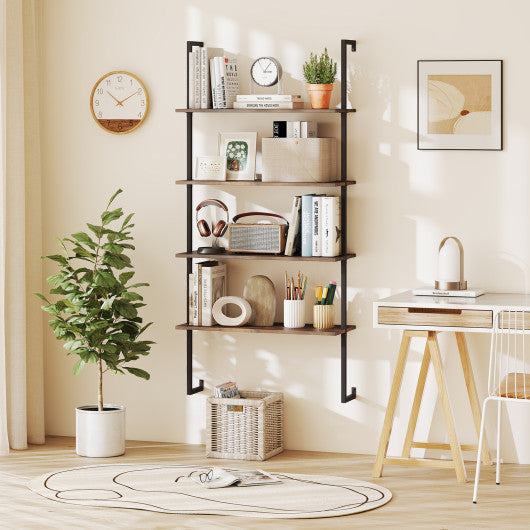 4-Tier Industrial Ladder Bookshelf with Metal Frame-Coffee