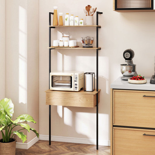 4-Tier Ladder Bookshelf with Drawer and Metal Frame for Living Room-Natural
