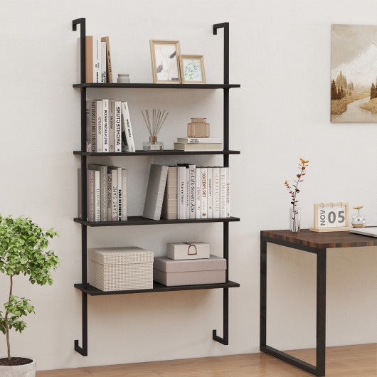 4-Tier Ladder Shelf Open Wall Mounted Bookcase with Wooden Boards and Metal Frame-Black
