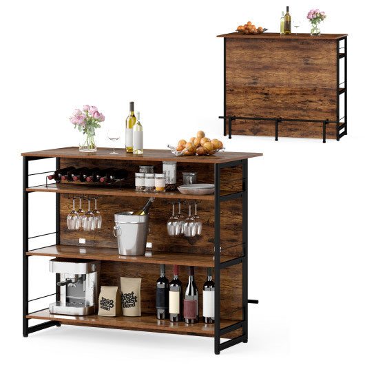 4-Tier Mini Bar Kitchen Island with Footrest and Wine Rack-Coffee