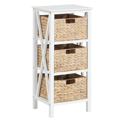 4-Tier Nightstand with 3 Seagrass Baskets Narrow X-Design-4 Tier-White