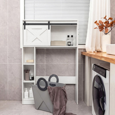 4-Tier Over The Toilet Storage Cabinet with Sliding Barn Door and Storage Shelves-White