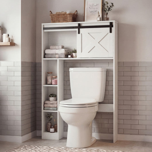 4-Tier Over The Toilet Storage Cabinet with Sliding Barn Door and Storage Shelves-White
