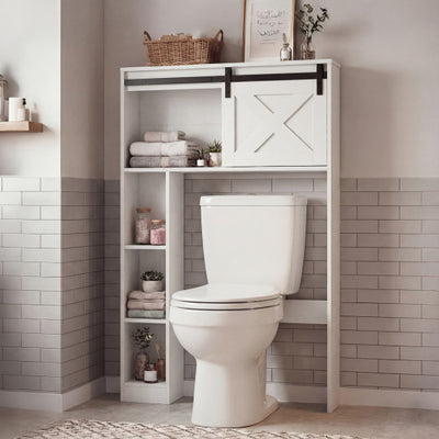 4-Tier Over The Toilet Storage Cabinet with Sliding Barn Door and Storage Shelves-White