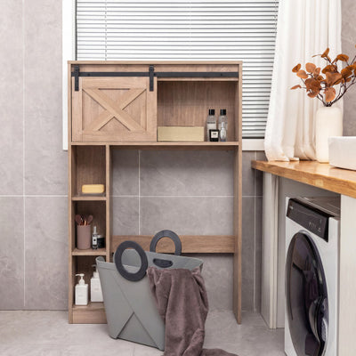 4-Tier Over The Toilet Storage Cabinet with Sliding Barn Door and Storage Shelves-Brown