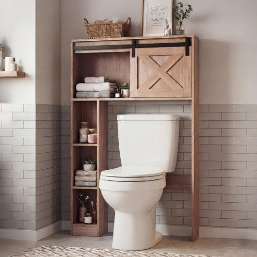 4-Tier Over The Toilet Storage Cabinet with Sliding Barn Door and Storage Shelves-Brown