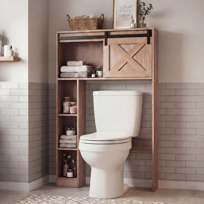 4-Tier Over The Toilet Storage Cabinet with Sliding Barn Door and Storage Shelves-Brown