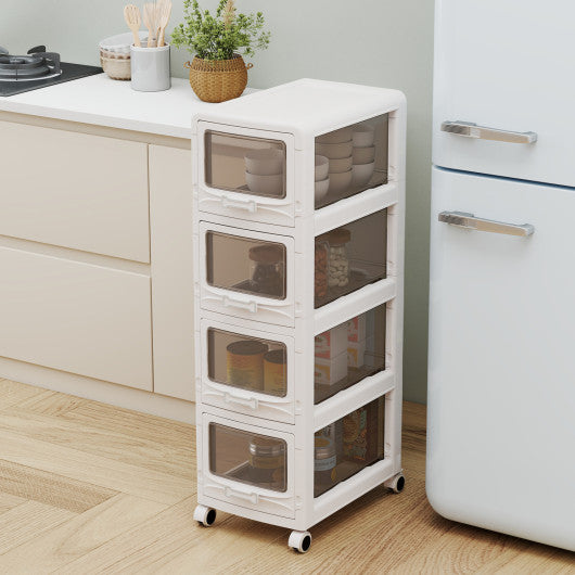4-Tier Plastic Drawer Storage Organizer Rolling Cart with 3/4/5 Drawers and Lockable Wheels