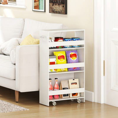 4-Tier Rolling Storage Cart Slim Kitchen Cart on Wheels with Open Shelves and Handle-White