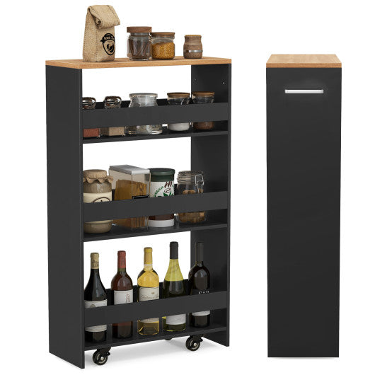 4-Tier Rolling Storage Cart Slim Kitchen Cart on Wheels with Open Shelves and Handle-Black