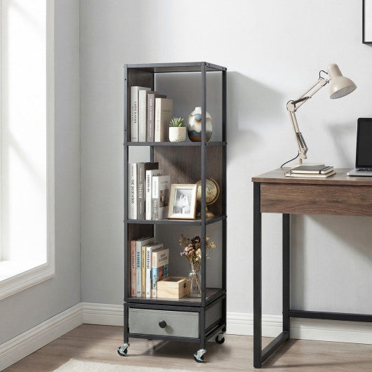 4-Tier Rotating Bookshelf on Wheels with Removable Drawer-Gray