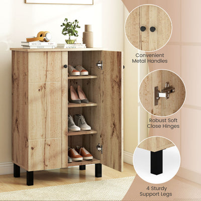 4-Tier Shoe Organizer with Removable Shelves and 2 Doors-Natural