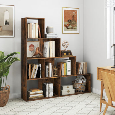 4-Tier Stepped Bookshelf Freestanding Ladder Storage Shelf with 6 Cubes-Rustic Brown