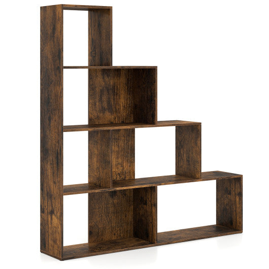 4-Tier Stepped Bookshelf Freestanding Ladder Storage Shelf with 6 Cubes-Rustic Brown
