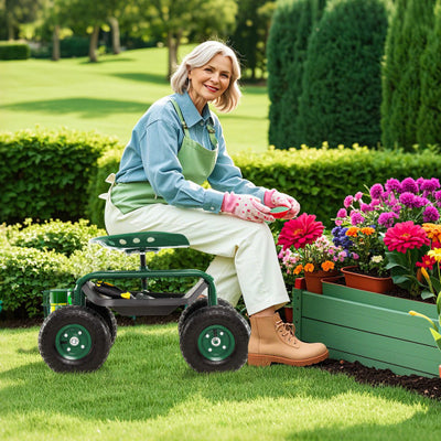 4-Wheel Rolling Garden Cart Work Seat-Green