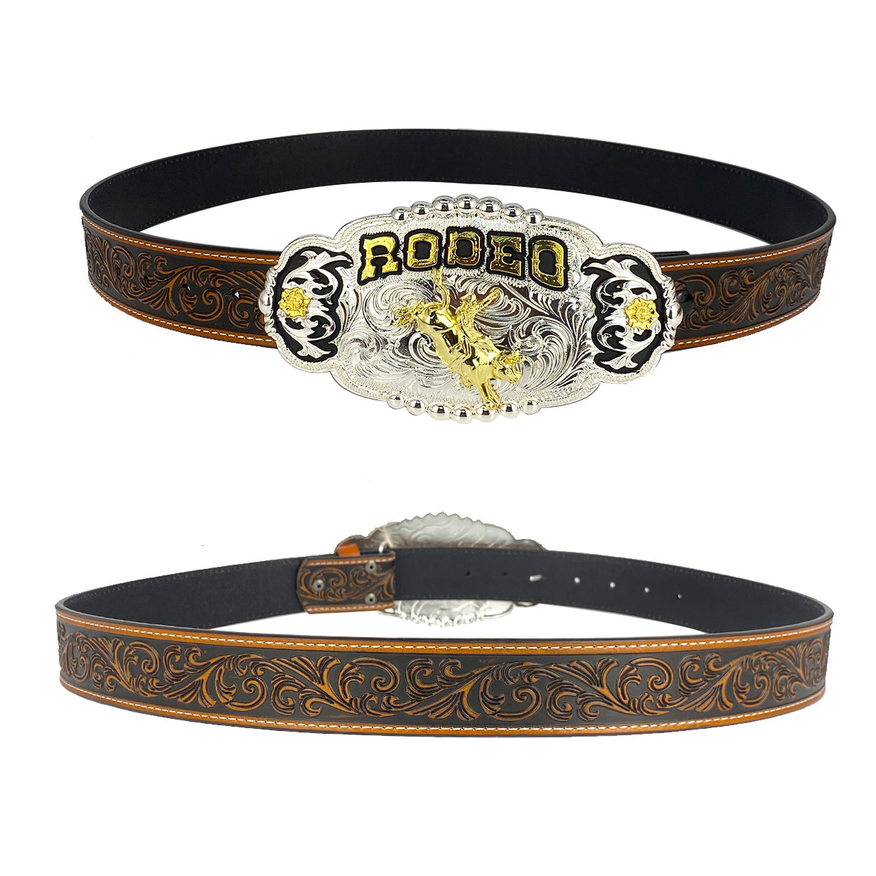TOPACC Western Genuine Leather Pattern Tooled Belt - Rodeo Engraved Flower Belt Buckle