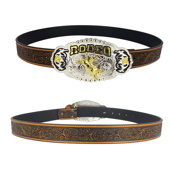 TOPACC Western Genuine Leather Pattern Tooled Belt - Rodeo Engraved Flower Belt Buckle