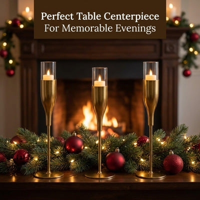 Gold Candle Holder - Wine Glass Flute Set of 3 Elegant Indoor Decor