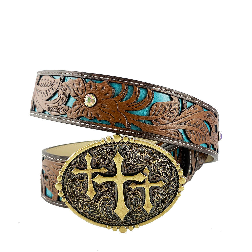 TOPACC Western Turquoise Belts - Three Cross Belt Buckle Copper/Bronze