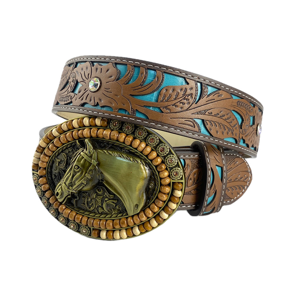 TOPACC Western Turquoise Belts - Oval Wood Beads Horse Belt Buckle