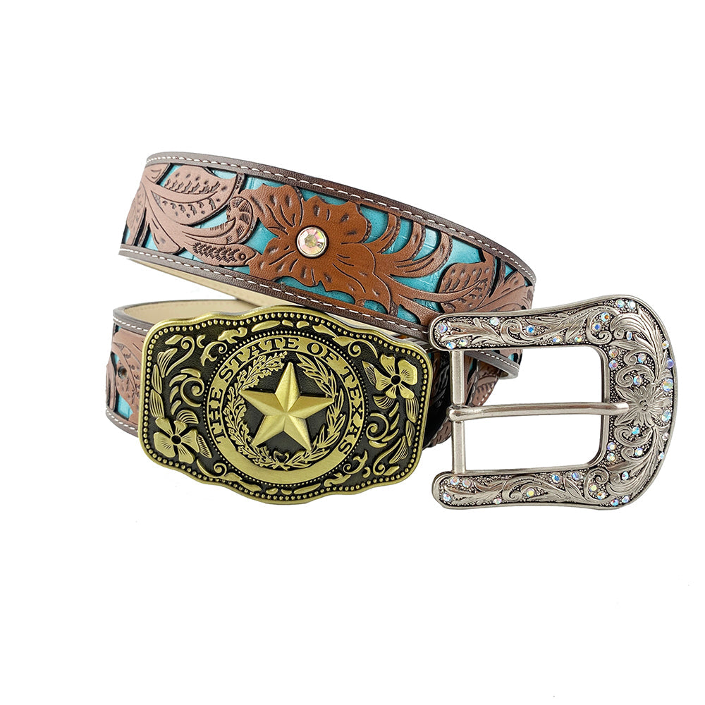 TOPACC Western Turquoise Belts - Pentagram 'The State Of Texas' Belt Buckle Copper/Bronze