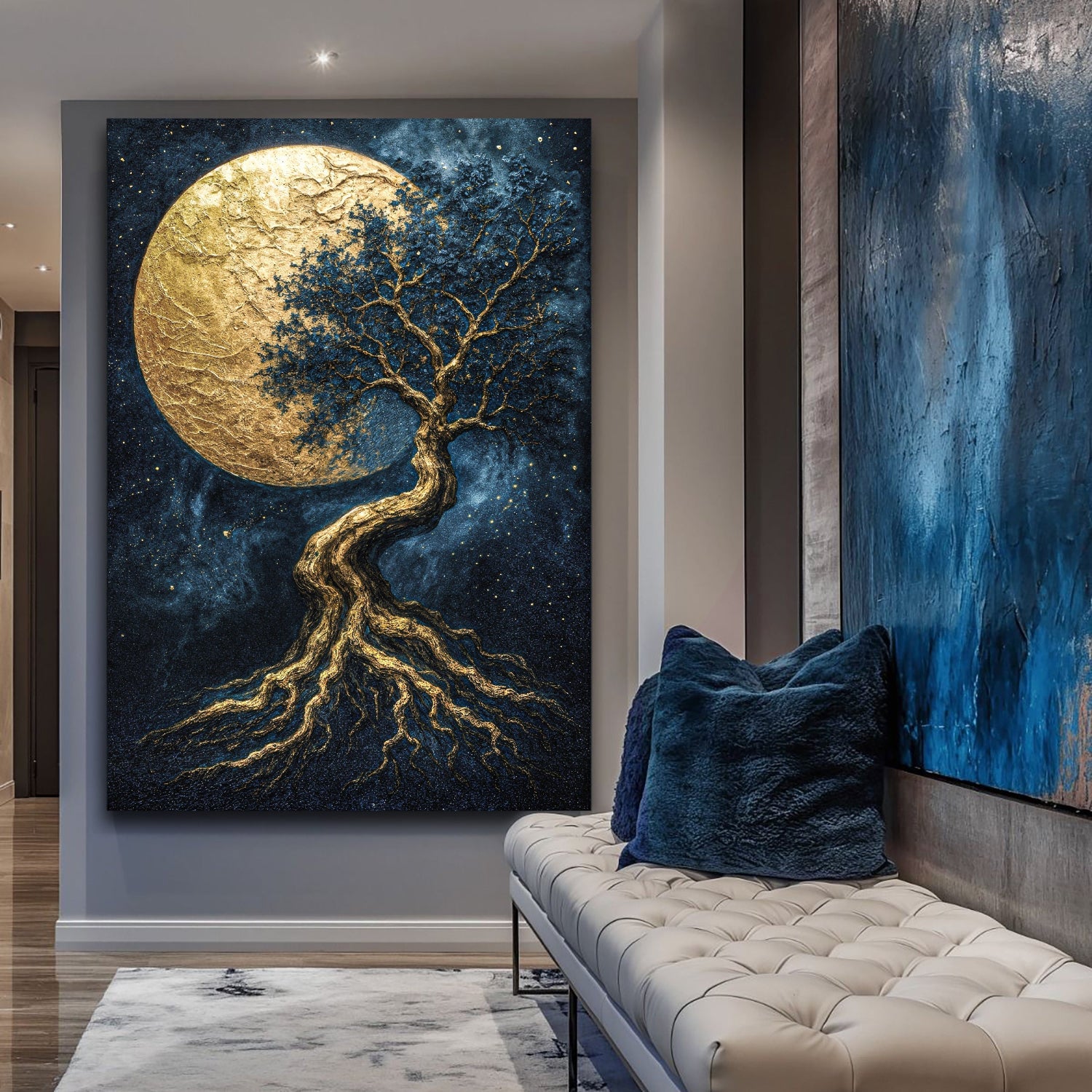 Decorative wall art of a tree with a large moon and roots in a modern interior setting.