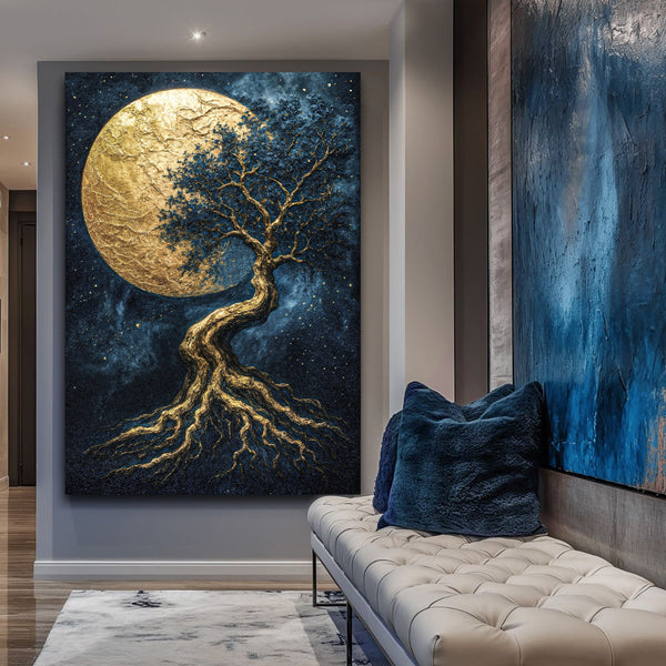 Decorative wall art of a tree with a large moon and roots in a modern interior setting.