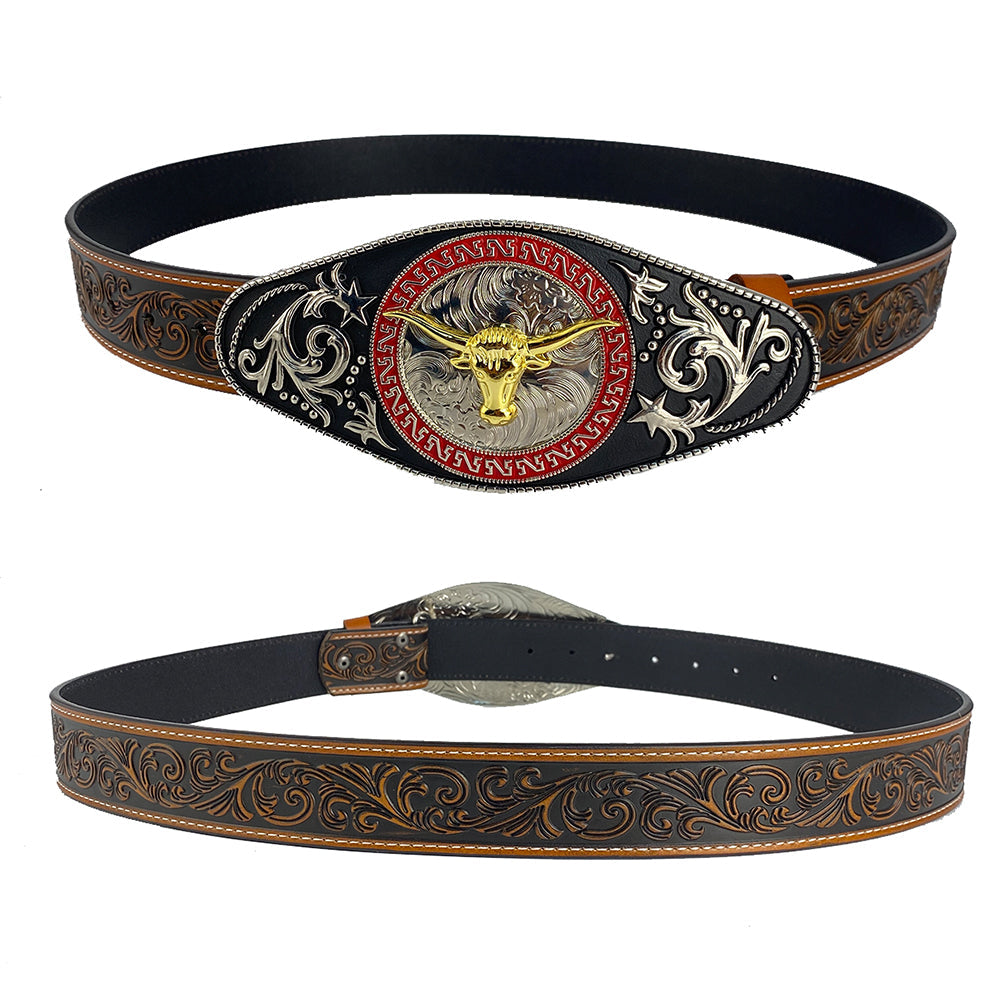 TOPACC Western Genuine Leather Pattern Tooled Belt - Rodeo Longhorn Bull Engraved Flower Belt Buckle