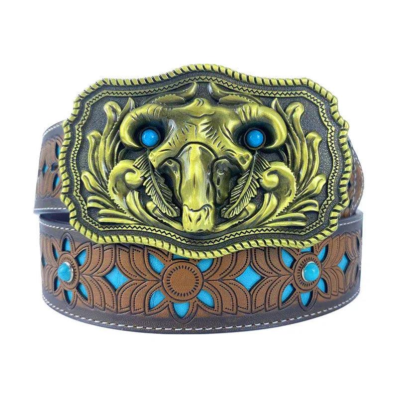TOPACC Western Turquoise Belts - Square Turquoise Bull Head Buckle Copper/Bronze - Gifts for You 'n Me